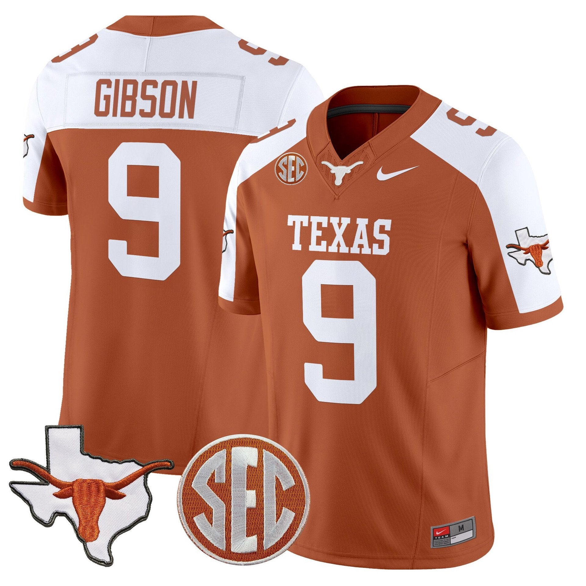 Jerrick Gibson Jersey #9 Texas Longhorns 2025 State Map SEC Patch Orange Alter