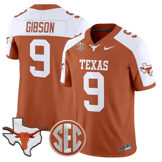 Jerrick Gibson Jersey #9 Texas Longhorns 2025 State Map SEC Patch Orange Alter