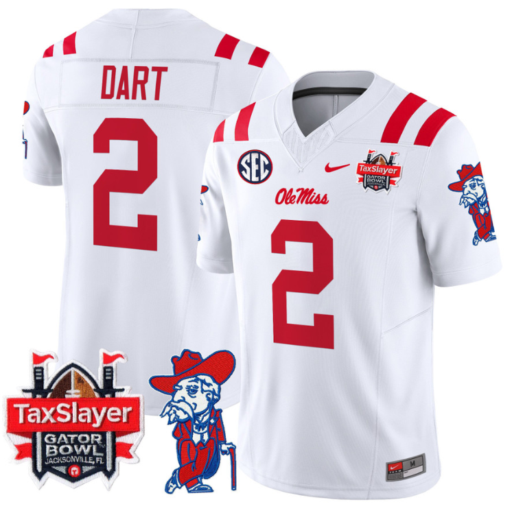 Jaxson Dart Jersey #2 Ole Miss Rebels 2025 Gator Bowl Patch Football White