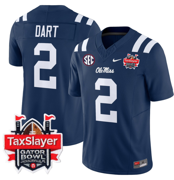 Jaxson Dart Jersey #2 Ole Miss Rebels 2024 Gator Bowl Patch V2 Navy