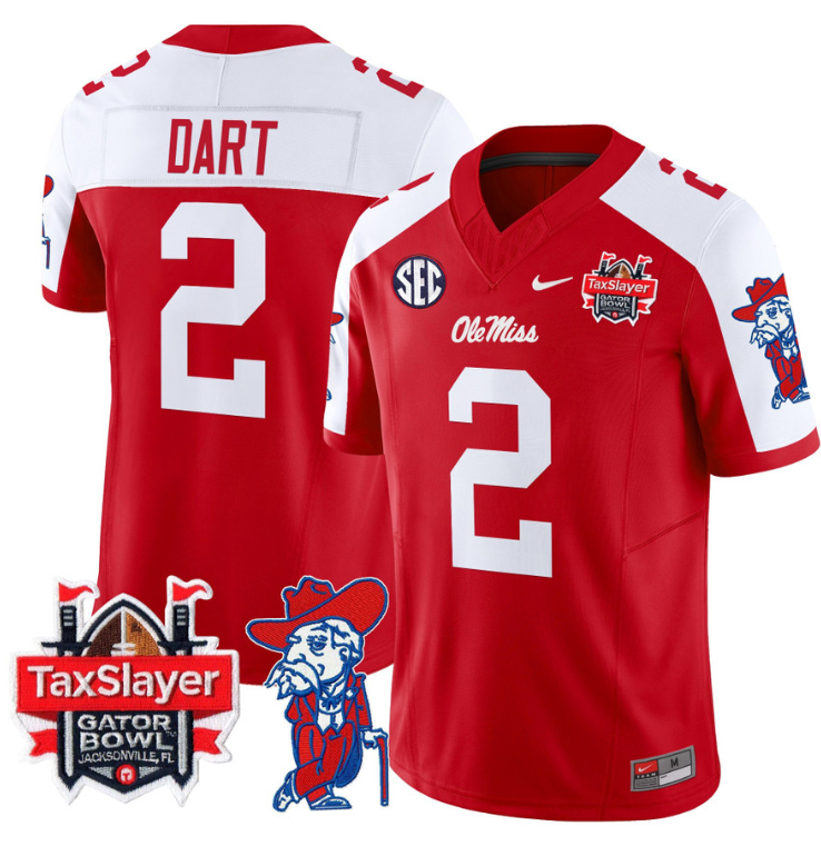 Jaxson Dart Jersey #2 Ole Miss Rebels 2024 Gator Bowl Patch V2 Red Alternate