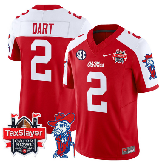 Jaxson Dart Jersey #2 Ole Miss Rebels 2024 Gator Bowl Patch V2 Red Alternate