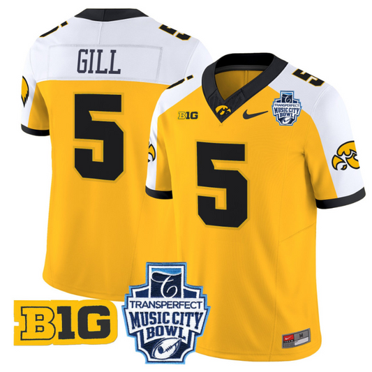 Jacob Gill Jersey #5 Iowa Hawkeyes 2024 Music City Bowl Patch Gold Alternate