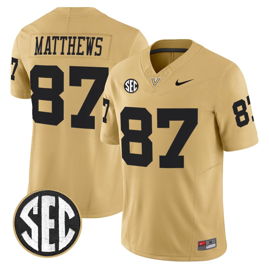 Jordan Matthews Jersey #87 Vanderbilt Commodores 2025 Limited Stitched Gold