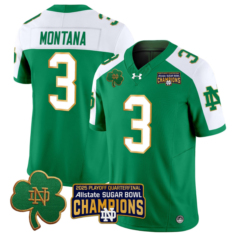 Joe Montana Jersey #3 Notre Dame 2025 Sugar Bowl Champions Green Alternate