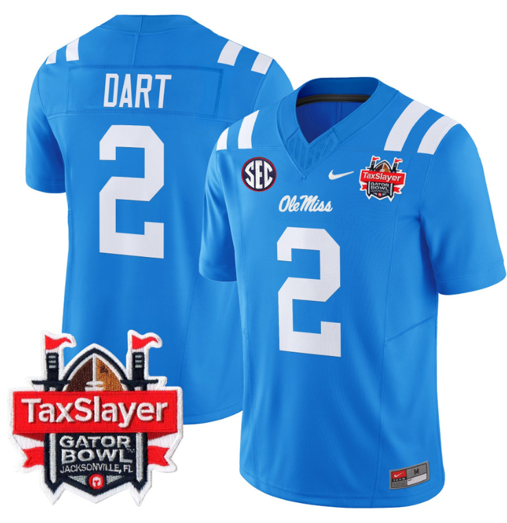 Jaxson Dart Jersey #2 Ole Miss Rebels 2024 Gator Bowl Patch V2 Powder Blue