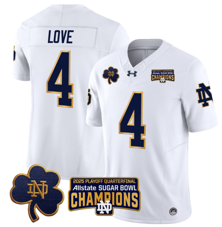 Jeremiyah Love Jersey #4 Notre Dame 2025 Sugar Bowl Champions Patch White