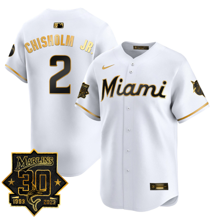 Jazz Chisholm Jr Jersey #2 Miami Marlins 30 Seasons Anniversary Patch Limited Stitched White Gold