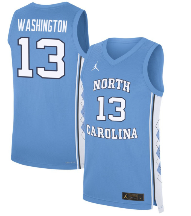 Jalen Washington Jersey #13 North Carolina Tar Heels Basketball Blue