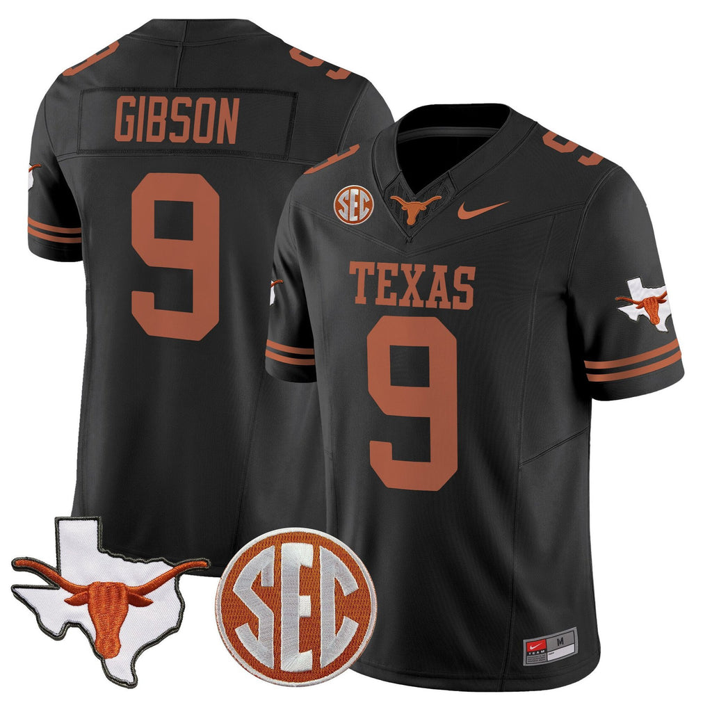 Jerrick Gibson Jersey #9 Texas Longhorns 2025 State Map SEC Patch Black