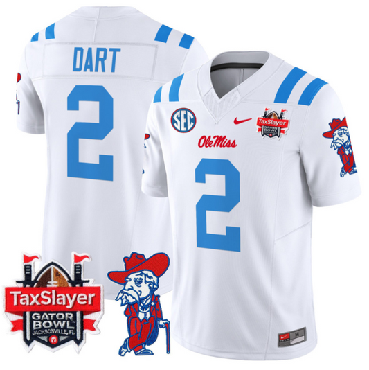 Jaxson Dart Jersey #2 Ole Miss Rebels 2025 Gator Bowl Patch Football 2024 White