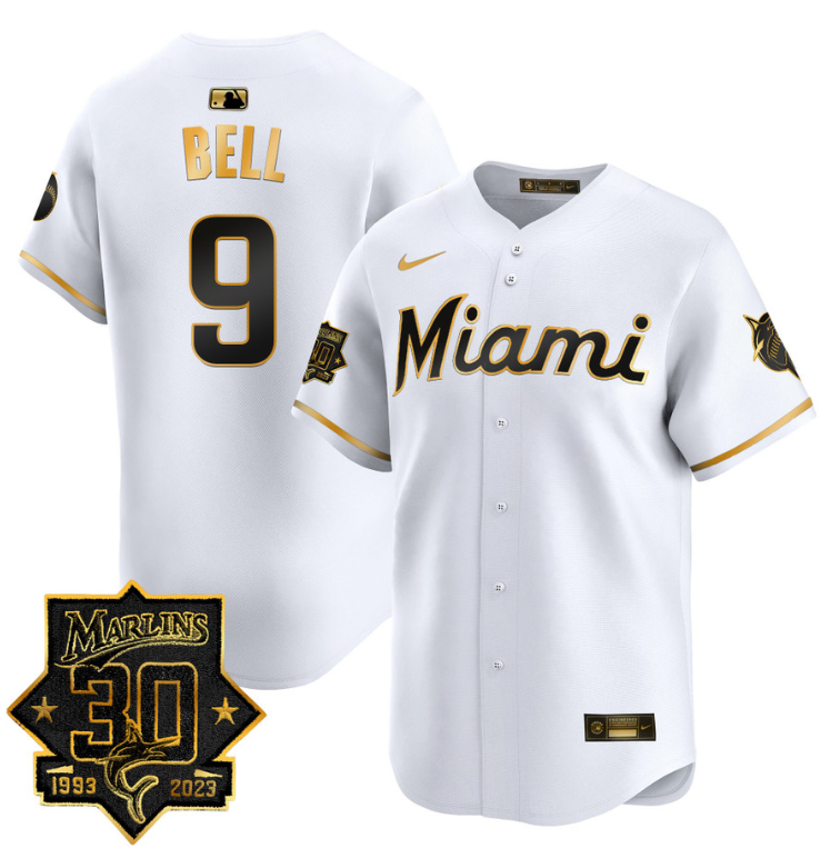 Josh Bell Jersey #9 Miami Marlins 30 Seasons Anniversary Patch Limited Stitched White Gold