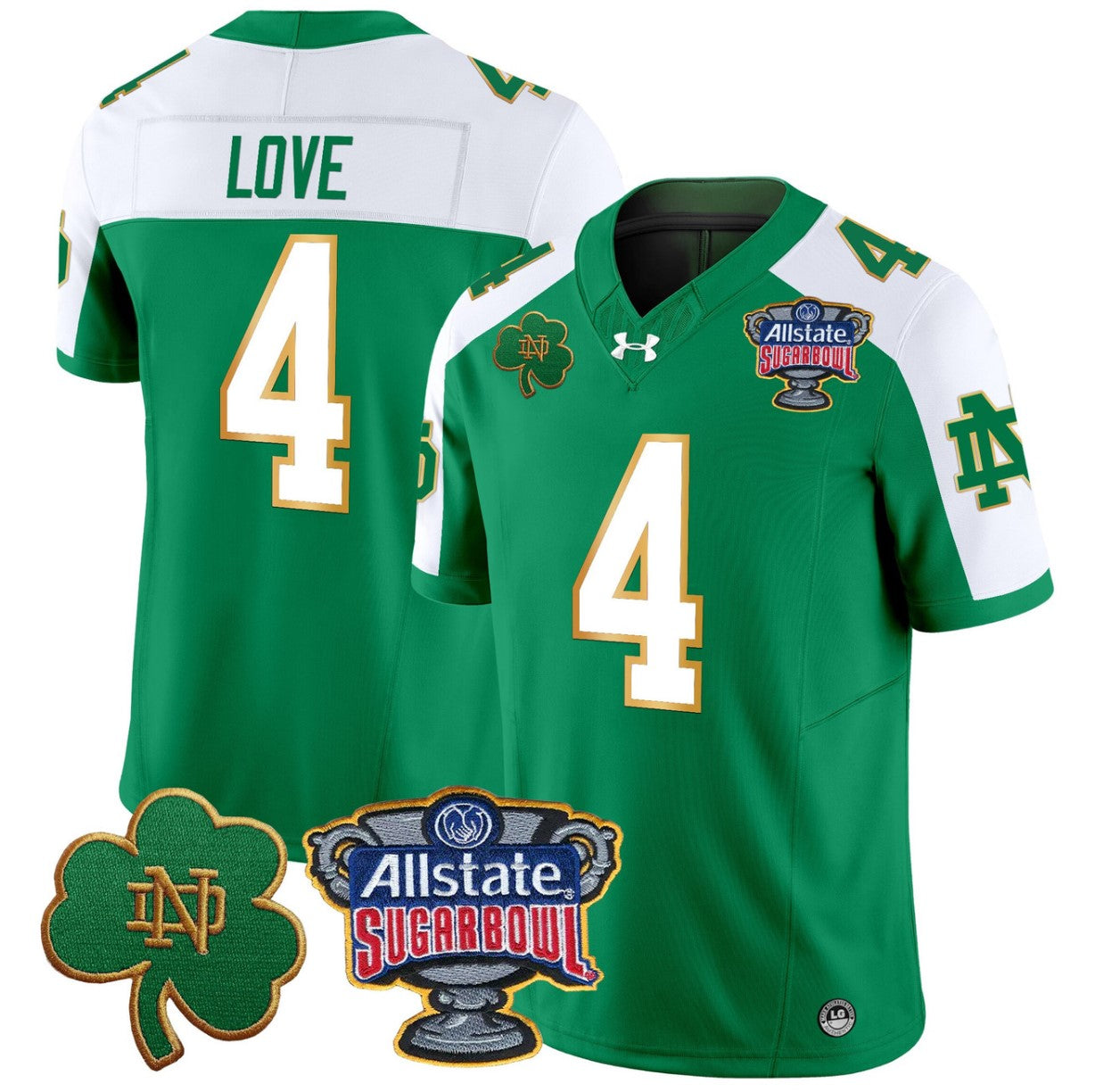 Jeremiyah Love Jersey #4 Notre Dame 2024 Sugar Bowl Patch V2 Green Alternate