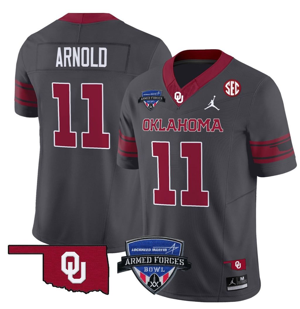 Jackson Arnold Jersey #11 Oklahoma Sooners 2025 Armed Forces Bowl Patch Anthracite