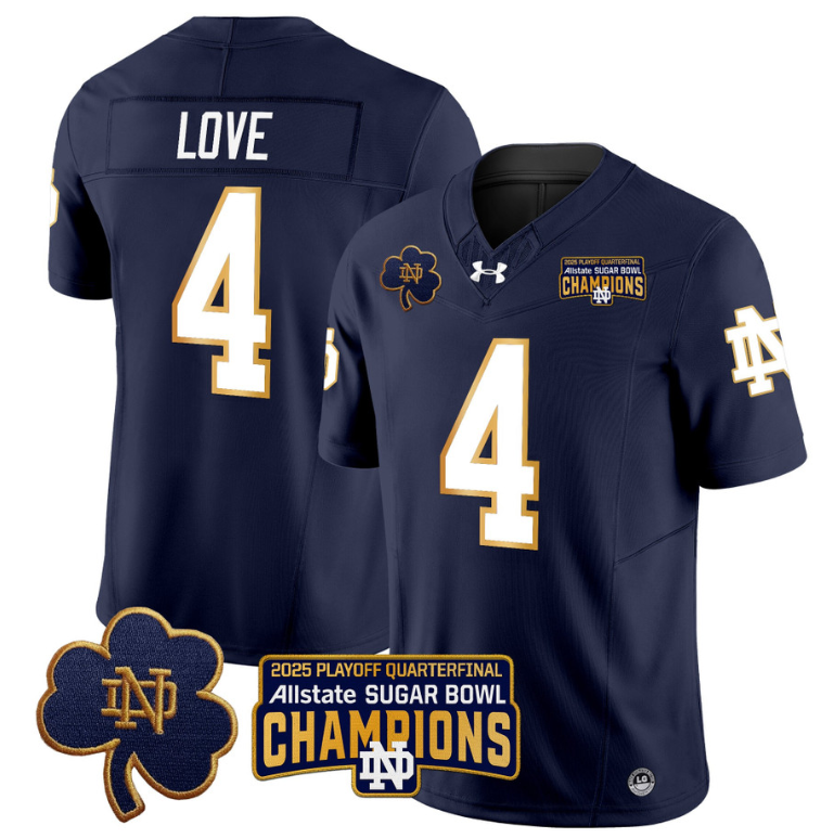 Jeremiyah Love Jersey #4 Notre Dame 2025 Sugar Bowl Champions Patch Navy