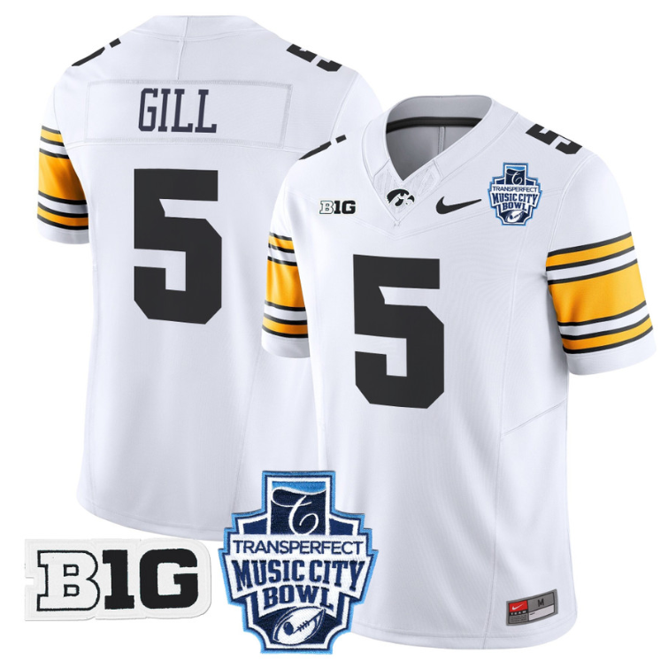 Jacob Gill Jersey #5 Iowa Hawkeyes 2024 Music City Bowl Patch White