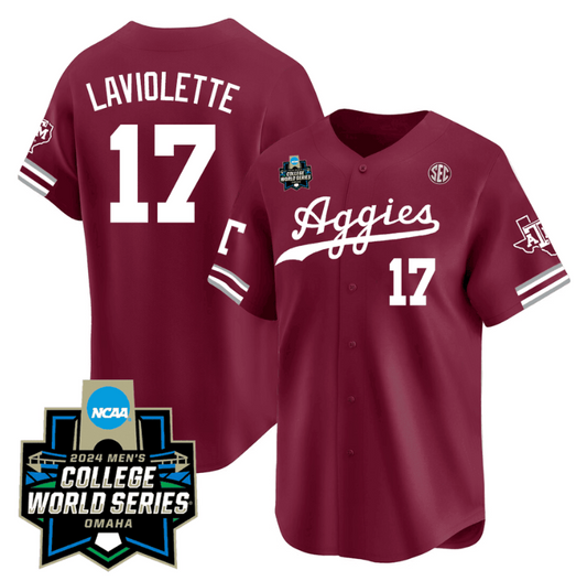 Jace Laviolette Jersey #17 Texas AM Aggies 2024 College World Series Vapor Premier Limited NCAA Baseball Stitched Aggie Maroon