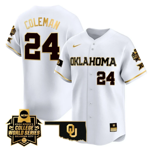 Jayda Coleman Jersey #24 Oklahoma Sooners 2024 College World Series Patch Vapor Premier Limited NCAA Baseball Stitched White Gold