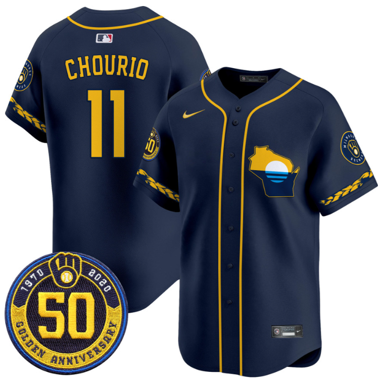 Jackson Chourio Jersey #11 Milwaukee Brewers Golden 50th Anniversary Patch Stitched Navy