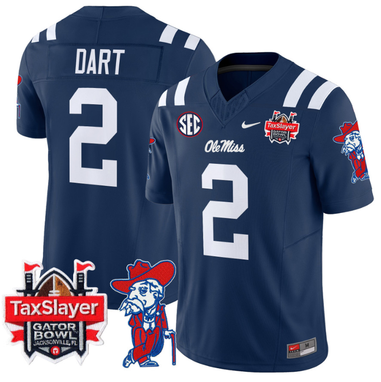 Jaxson Dart Jersey #2 Ole Miss Rebels 2025 Gator Bowl Patch Football Navy