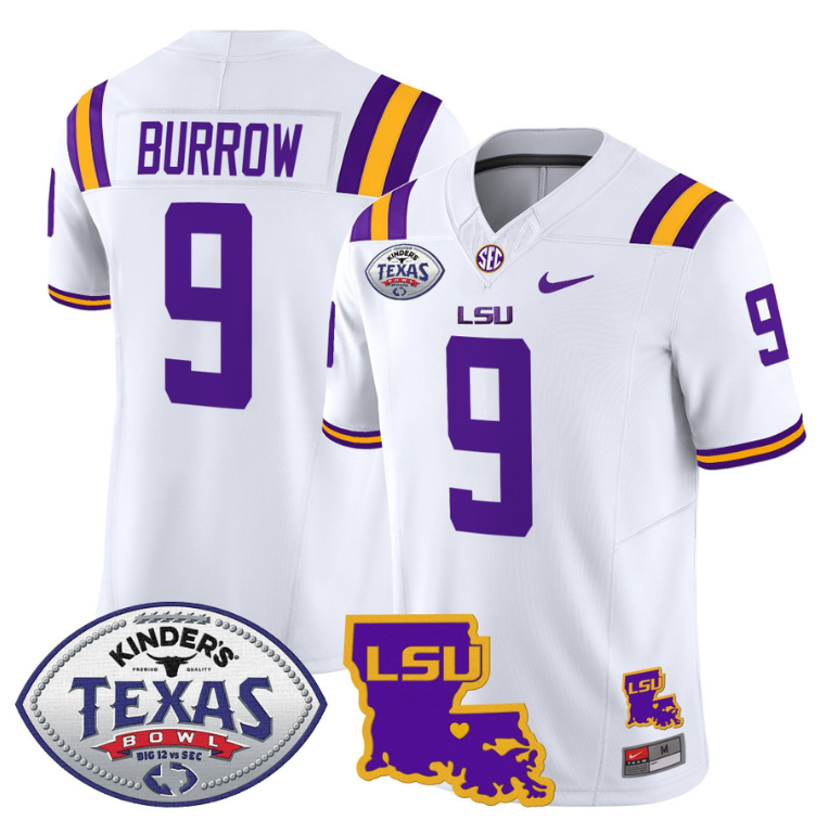 Joe Burrow Jersey #9 LSU Tigers 2024 Texas Bowl Patch Football Stitched White