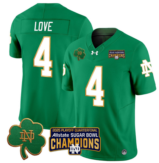 Jeremiyah Love Jersey #4 Notre Dame 2025 Sugar Bowl Champions Patch Green