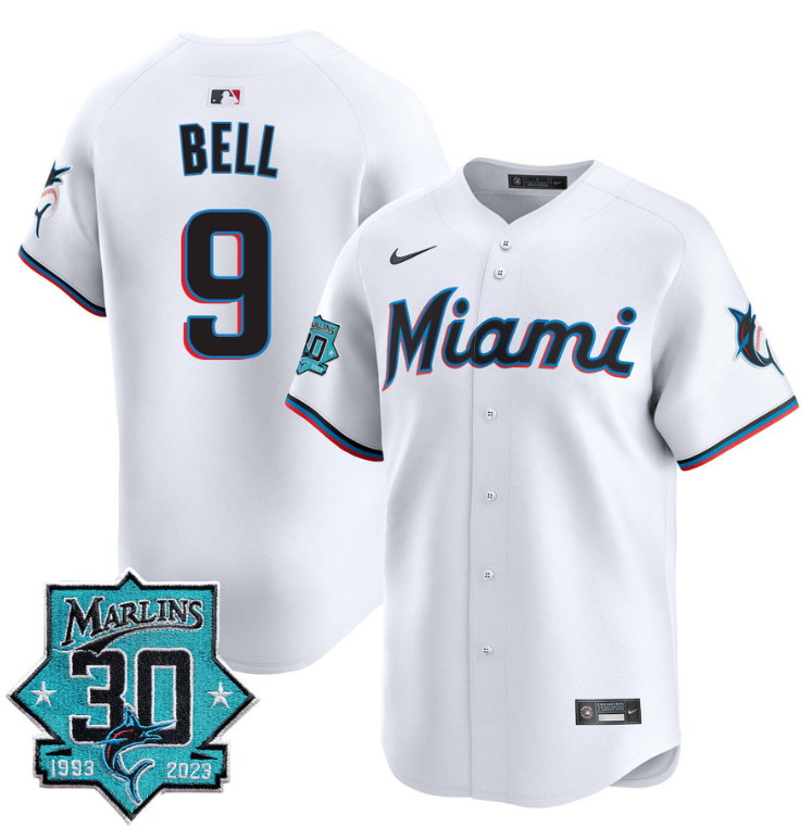 Josh Bell Jersey #9 Miami Marlins 30 Seasons Anniversary Patch Limited Stitched White