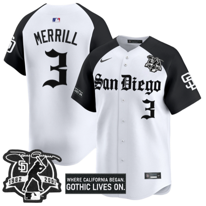 Jackson Merrill Jersey #3 San Diego Padres Gothic Edition Vapor Limited Stitched Alternate