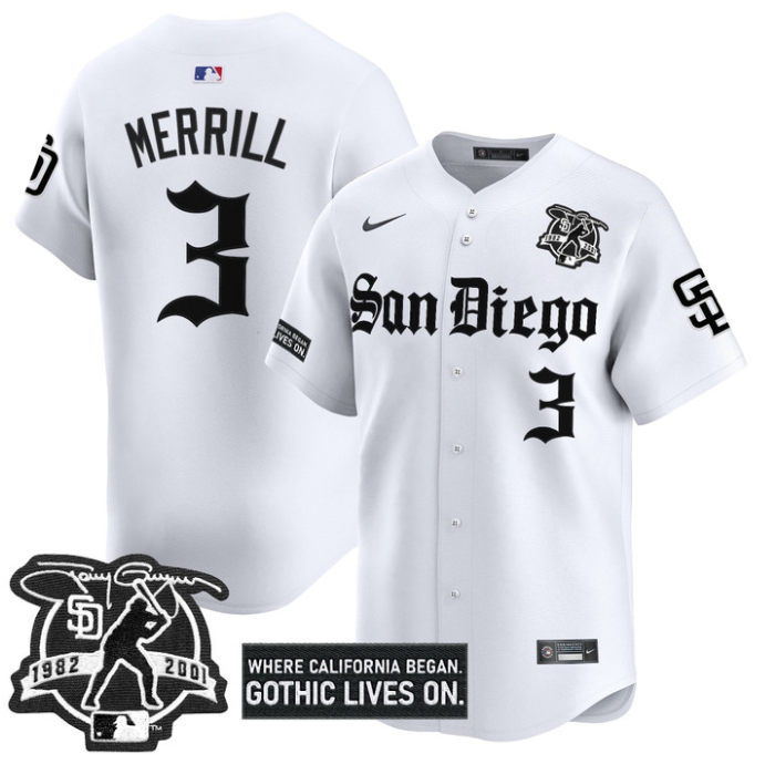 Jackson Merrill Jersey #3 San Diego Padres Gothic Edition Vapor Limited Stitched White