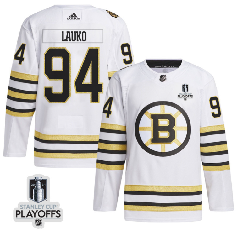 Jakub Lauko 94 Boston Bruins 2024 NHL Playoffs Patch Away Jersey - Men, White