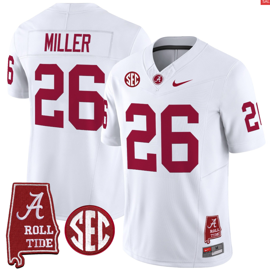 Jam Miller Jersey #26 Alabama Crimson Throwback Alabama Map Stitched White