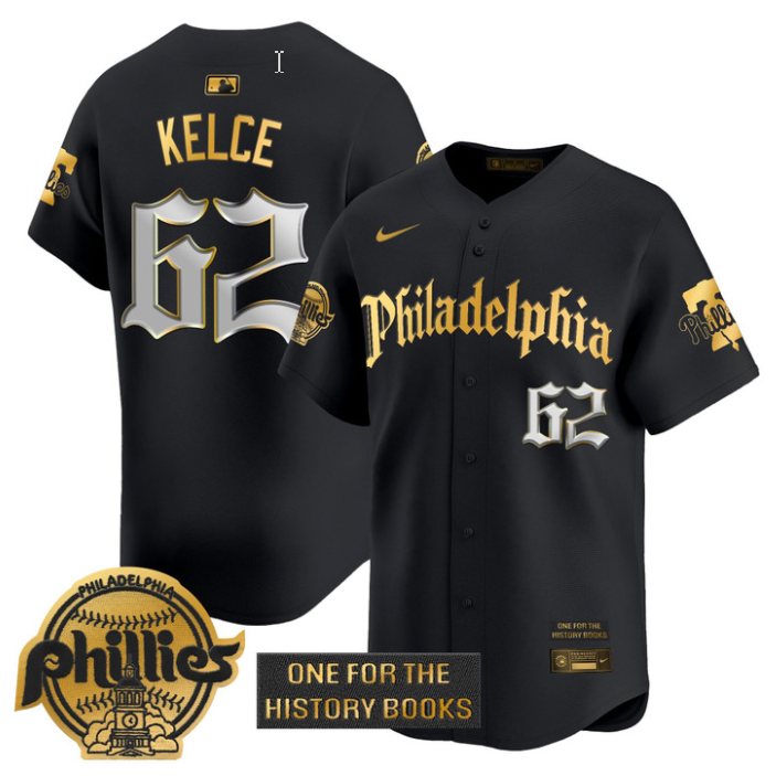Jason Kelce Jersey #62 Phillies Retro Newspaper Edition Gold Vapor Premier Stitched Black Gold