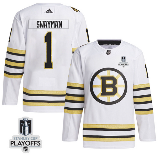Jeremy Swayman 1 Boston Bruins 2024 NHL Playoffs Patch Away Jersey - Men, White
