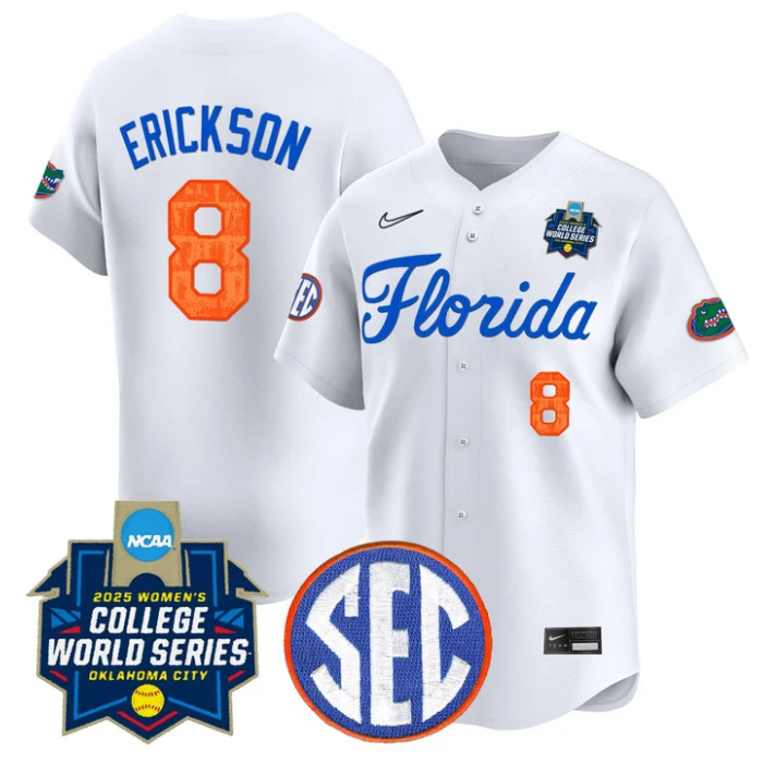 Jocelyn Erickson Jersey #8 Florida Gators Softball 2025 World Series Stitched White