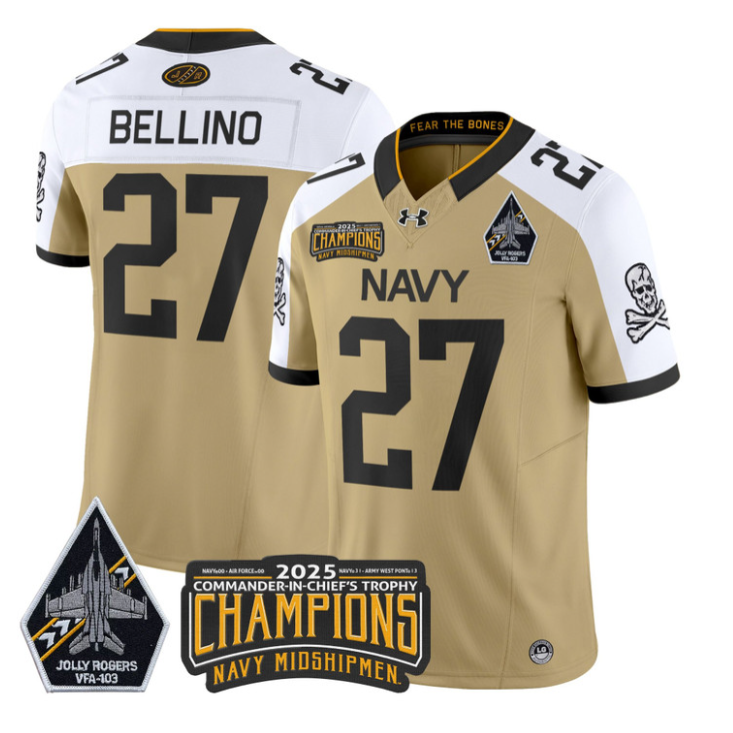 Joe Bellino Jersey #27 Navy Midshipmen Jolly Rogers 2025 Trophy Stitched Gold Alternate