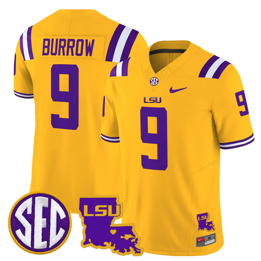 Joe Burrow Jersey #9 LSU Tigers 2025 Louisiana Patch Stitched Gold