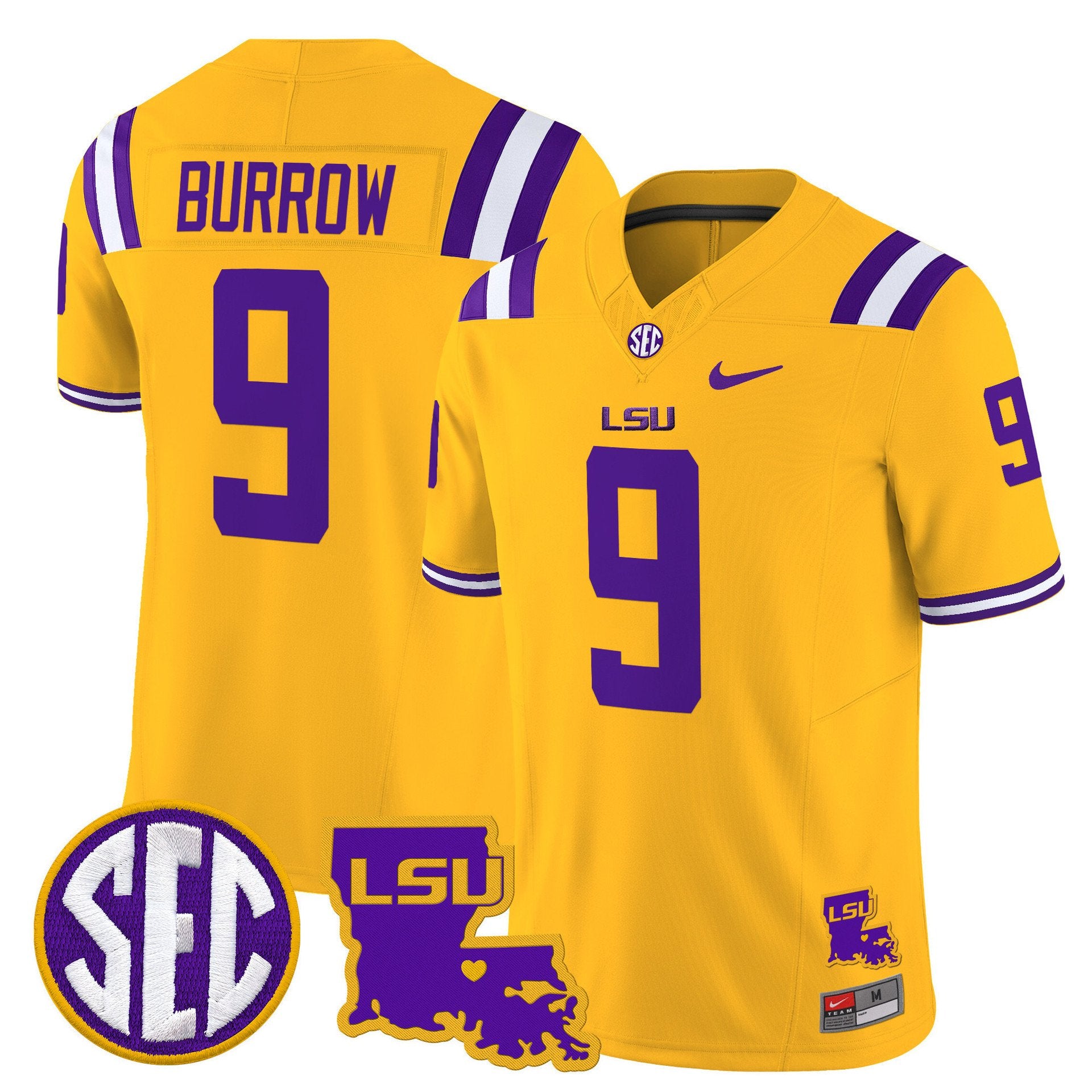 Joe Burrow Jersey #9 LSU Tigers 2025 Louisiana Patch Stitched Gold