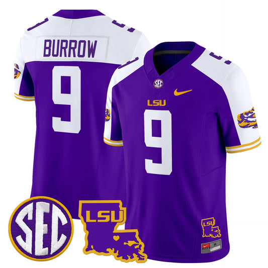 Joe Burrow Jersey #9 LSU Tigers 2025 Louisiana Patch Stitched Purple Alter
