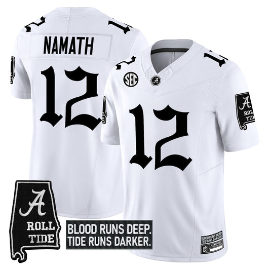 Joe Namath Jersey #12 Alabama Crimson Gothic Bama Blood Edition Stitched White