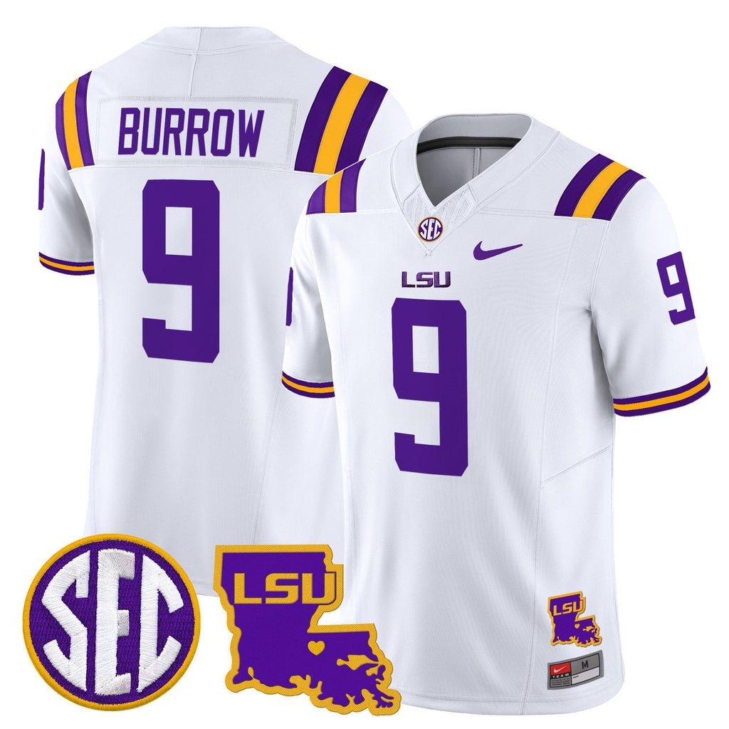Joe Burrow Jersey #9 LSU Tigers 2025 Louisiana Patch Stitched White