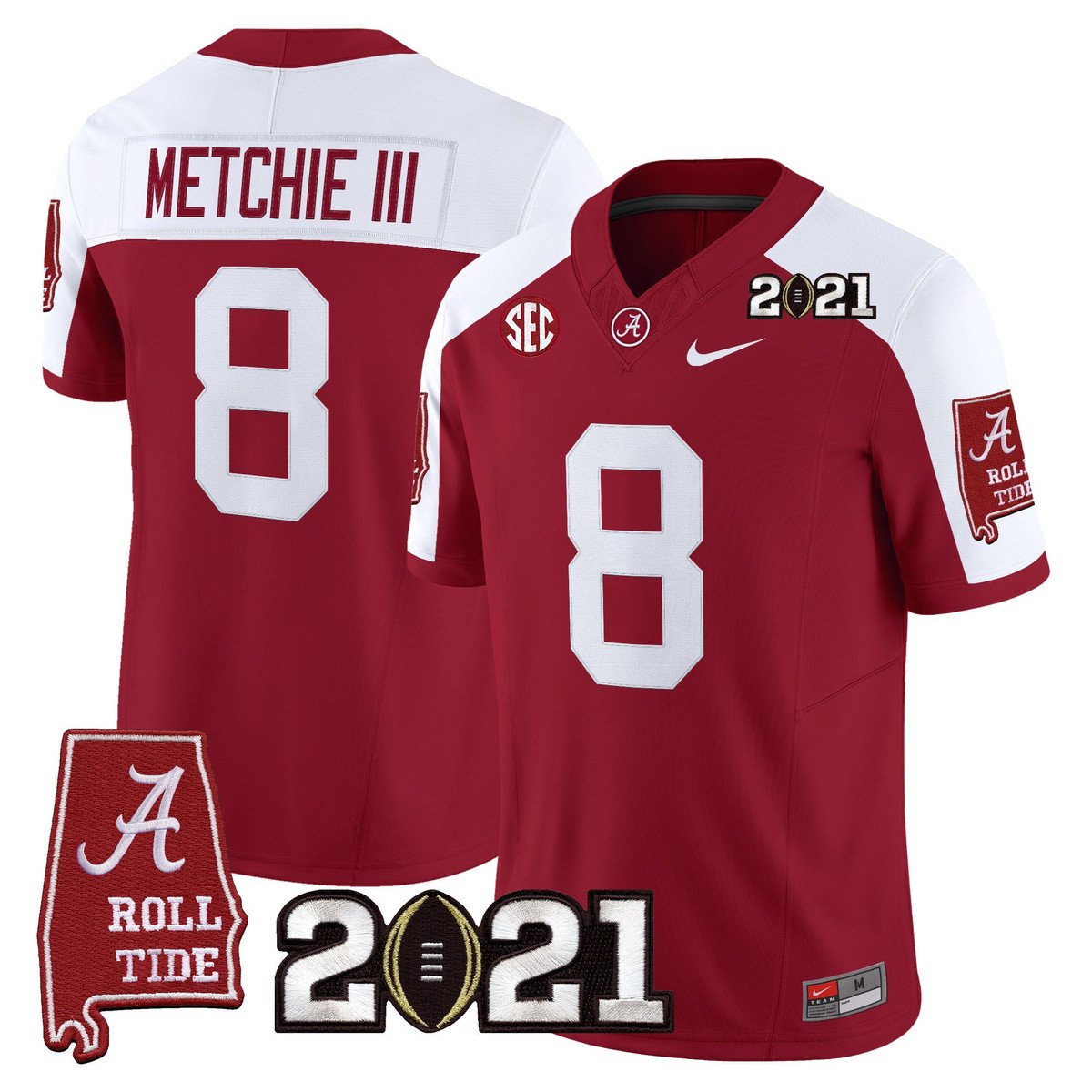 John Metchie III Jersey #8 Alabama 2021 CFP Championship Alabama Map Crimson Alter