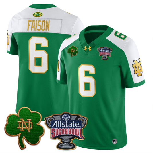 Jordan Faison Jersey #6 Notre Dame Fighting Irish Allstate Sugar Bowl Green