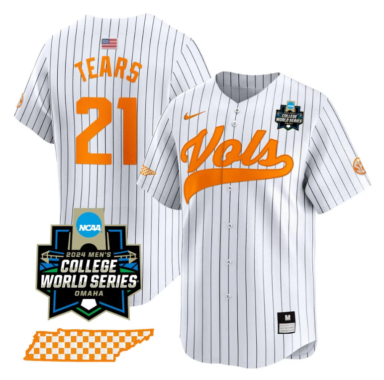 Kavares Tears Jersey #21 Tennessee Volunteers 2024 College World Series Vapor Premier Limited NCAA Baseball Stitched Pinstripe