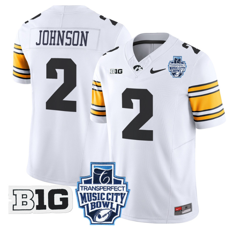 Kaleb Johnson Jersey #2 Iowa Hawkeyes 2024 Music City Bowl Patch White