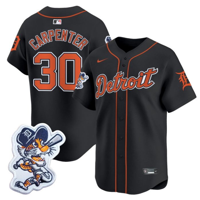 Kerry Carpenter Jersey #30 Detroit Tigers Paws Patch Vapor Premier Limited Stitched Black