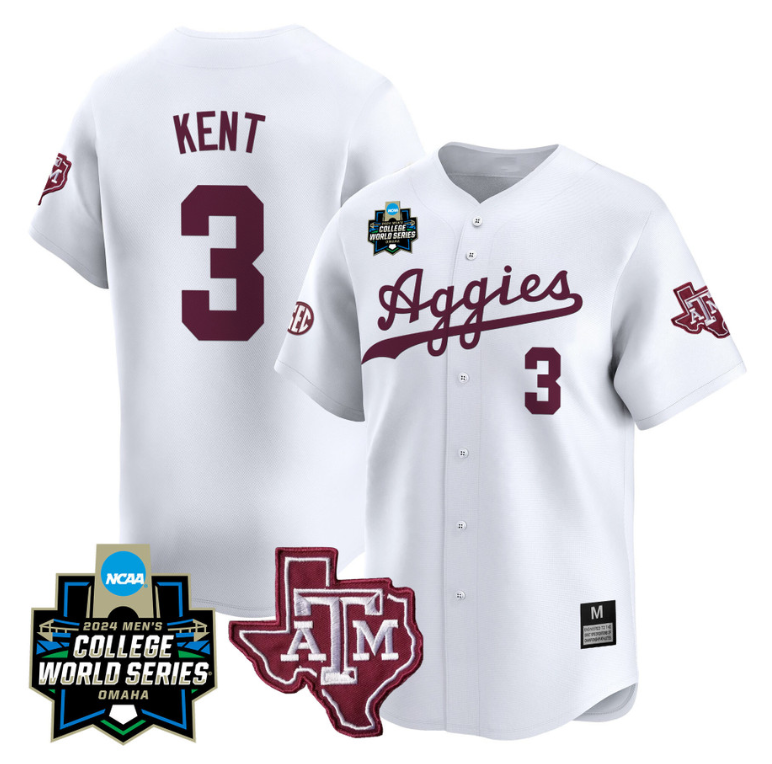Kaeden Kent Jersey #3 Texas AM Aggies 2024 College World Series Vapor Premier Limited NCAA Baseball Stitched White
