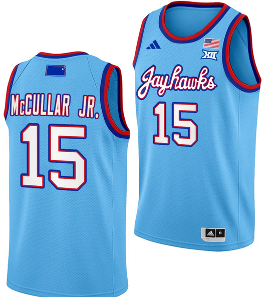 Joel Embiid Jersey #21 Kansas JaKevin McCullar Jr Jersey #15 Kansas Jayhawks Basketball DRIP Alternate 2023-24 Baby Blueyhawks Basketball DRIP Alternate 2023-24 Baby Blue (Copy)
