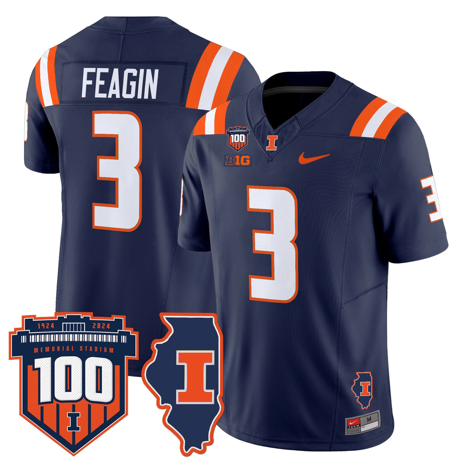 Kaden Feagin Jersey #3 Illinois Fighting 100th Memorial Stadium Navy