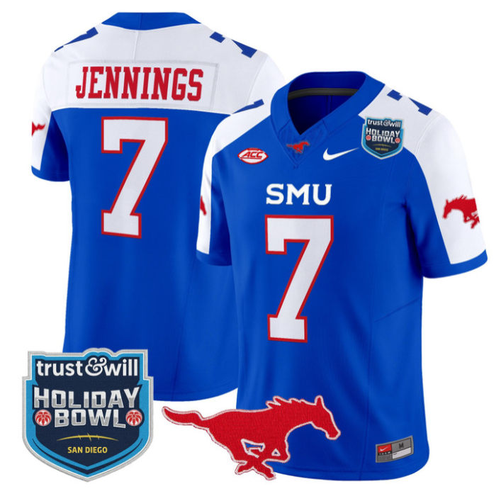 Kevin Jennings Jersey #7 SMU Mustangs 2026 Holiday Bowl Patch Stitched Blue Alternate