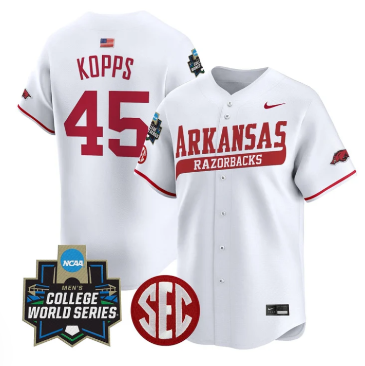 Kevin Kopps Jersey #45 Arkansas Razorbacks 2025 World Series Stitched White
